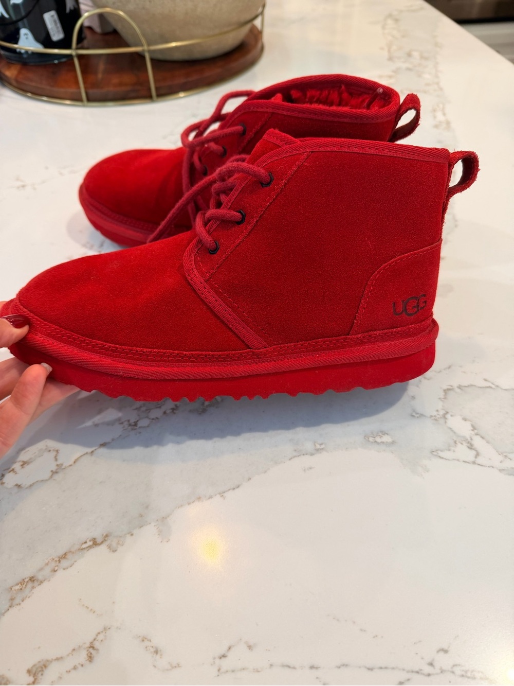 UGG Kids Bright Red Suede Lace-Up Ankle Boots